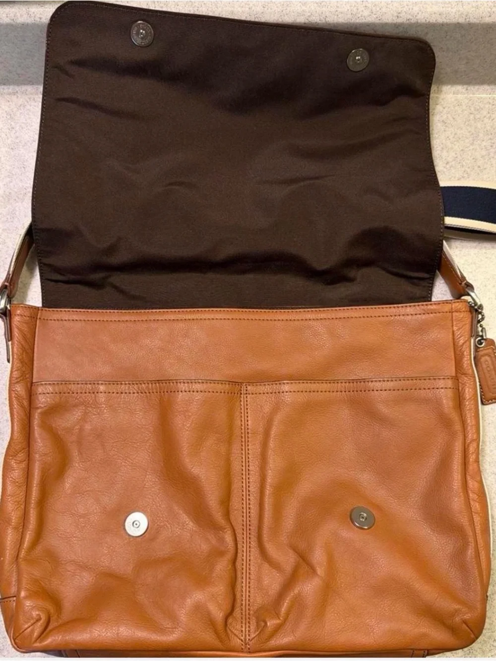 COACH Cognac Leather Messenger Bag with Navy-Striped Strap